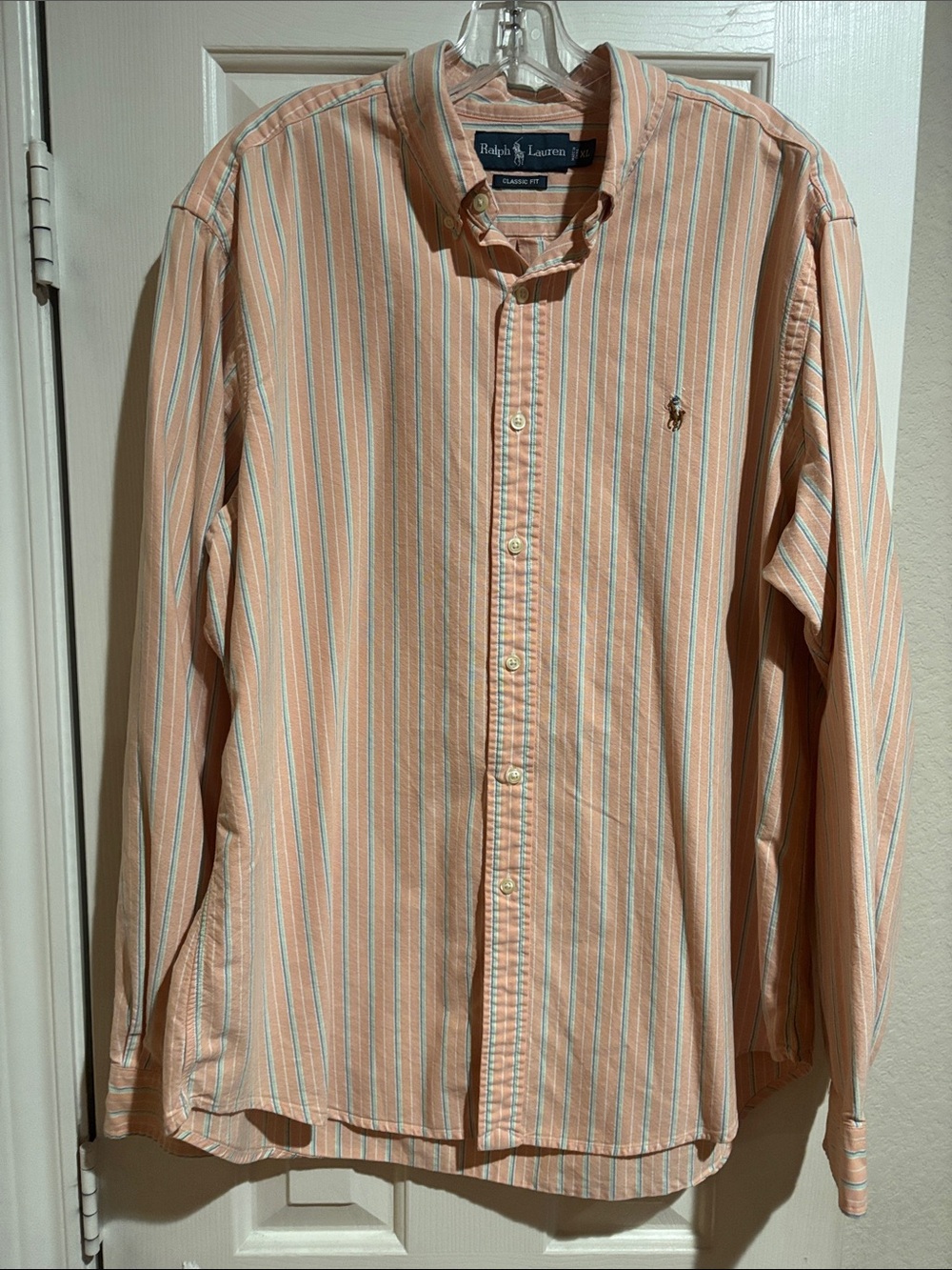 Ralph Lauren Peach and White Striped Button-Down Shirt